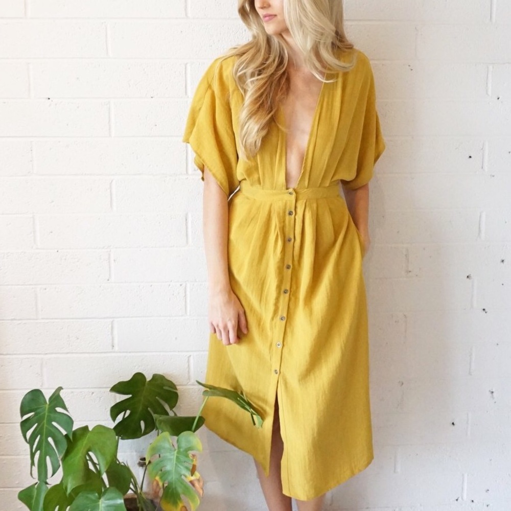 Lost + Wander Mustard Button-Front Midi Dress